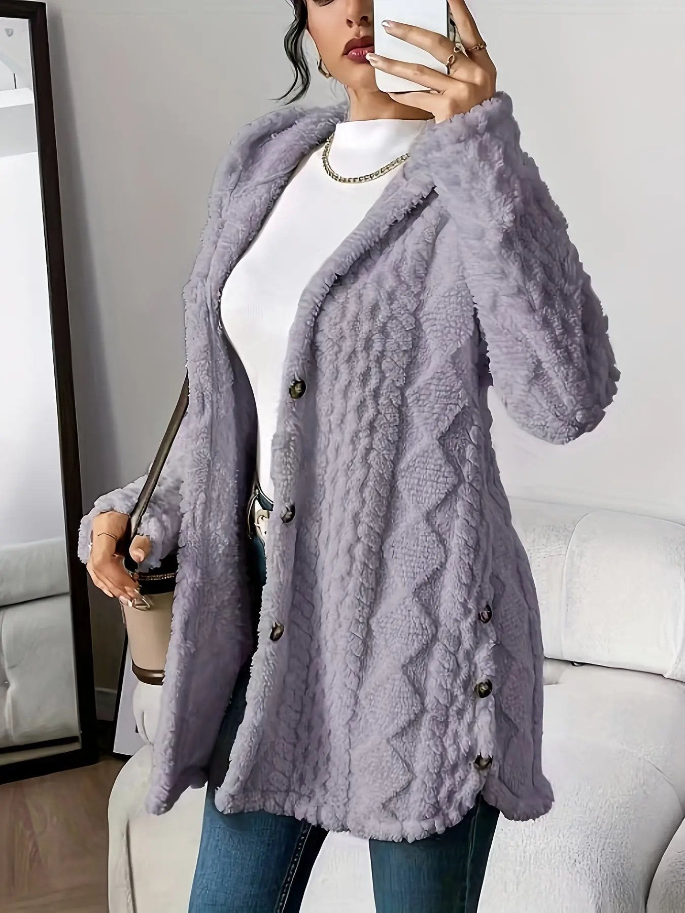 Women’s Hooded Jacquard Plush Cardigan SOLELII