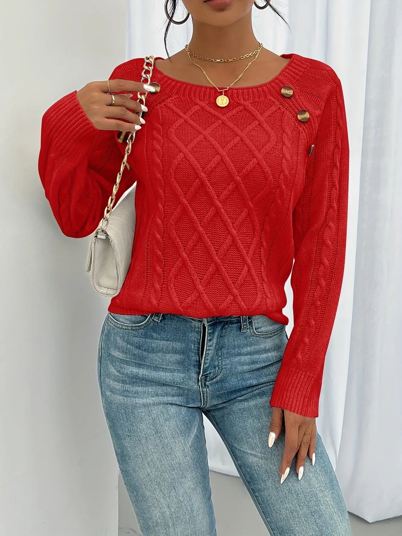 WOMEN’S SQUARE NECK BUTTON KNIT SWEATER SOLELII
