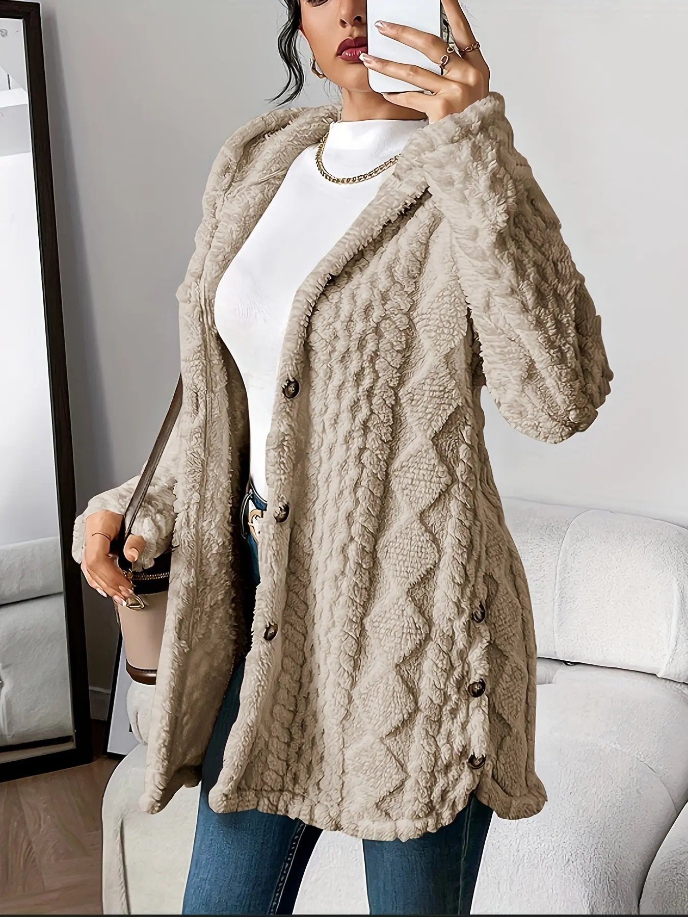 Women’s Hooded Jacquard Plush Cardigan SOLELII