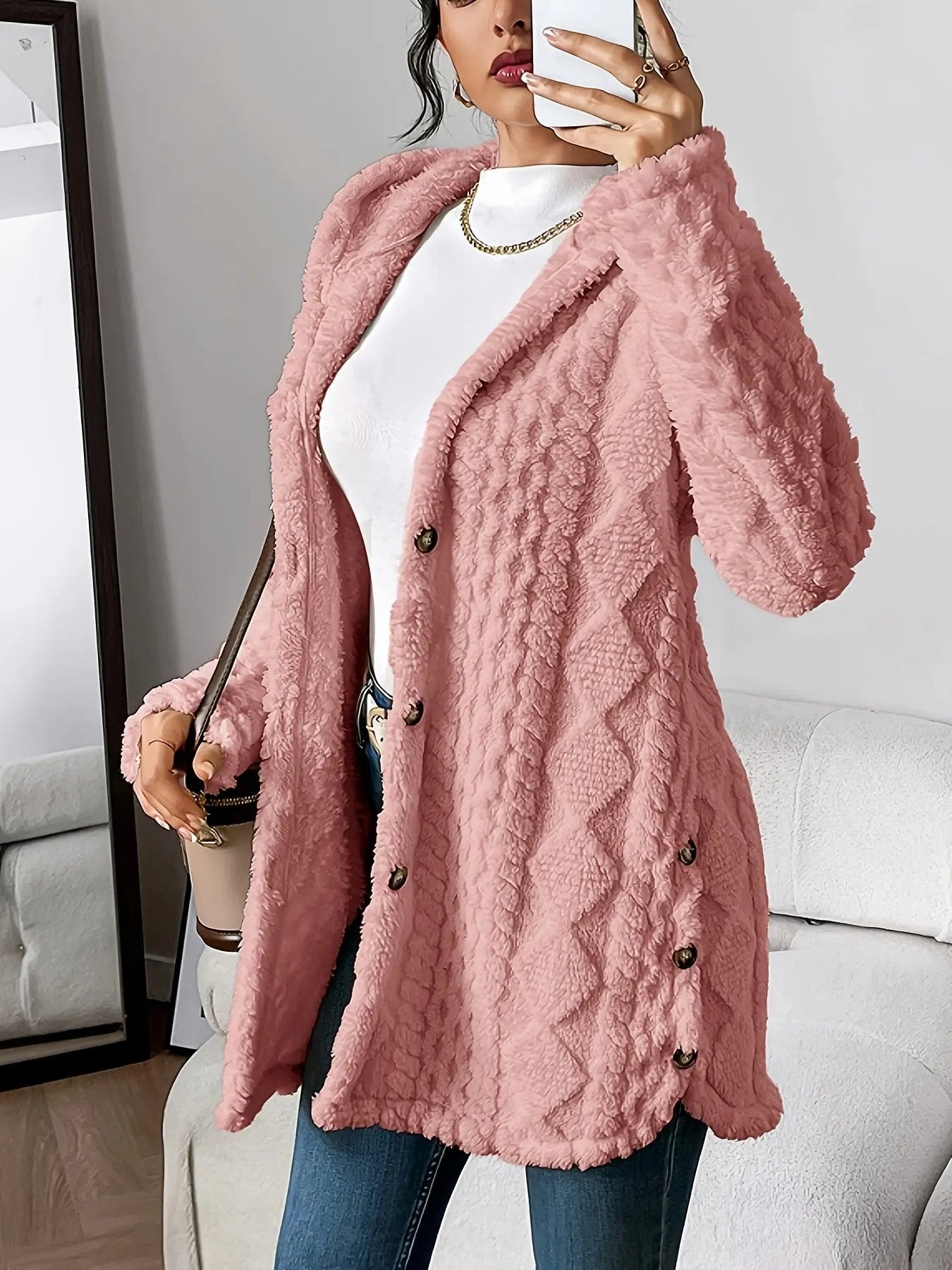 Women’s Hooded Jacquard Plush Cardigan SOLELII