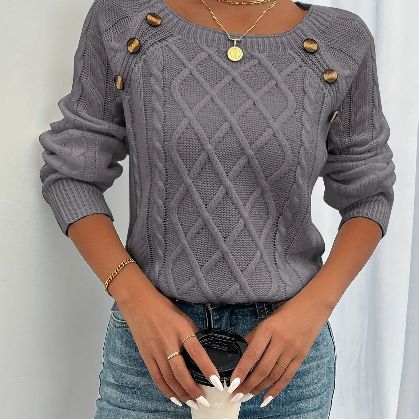 WOMEN’S SQUARE NECK BUTTON KNIT SWEATER SOLELII