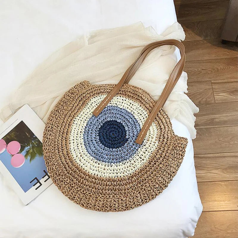 WOVEN ROUND STRAW ZIPPER BAG