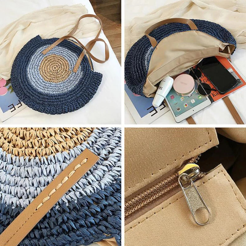 WOVEN ROUND STRAW ZIPPER BAG