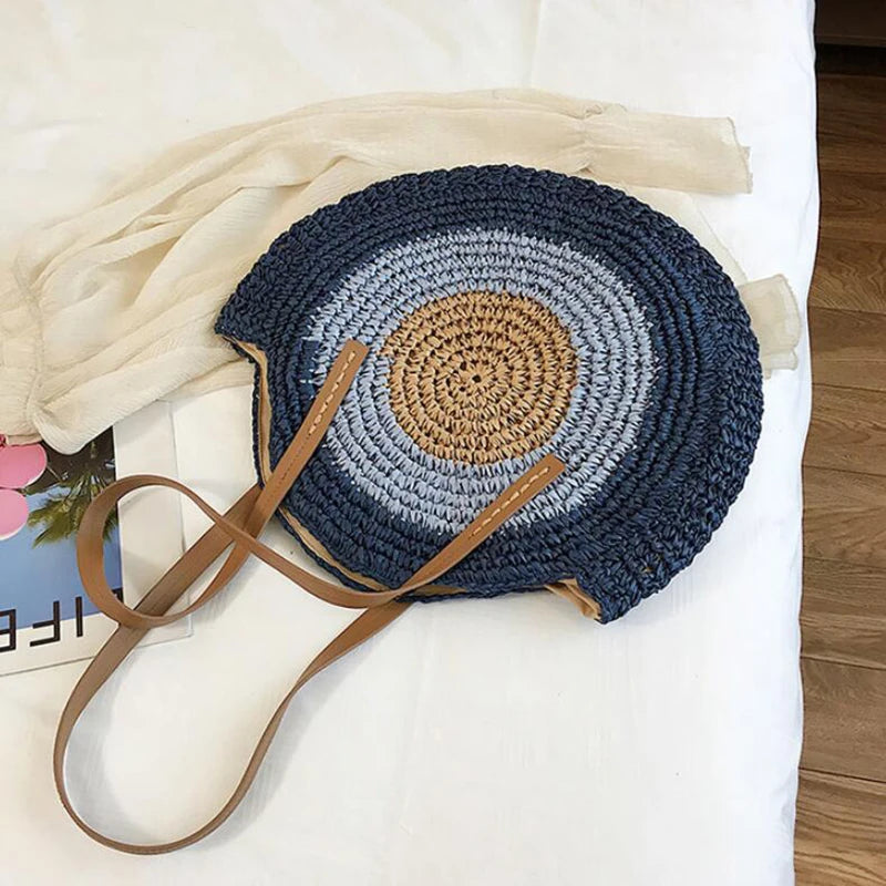 WOVEN ROUND STRAW ZIPPER BAG