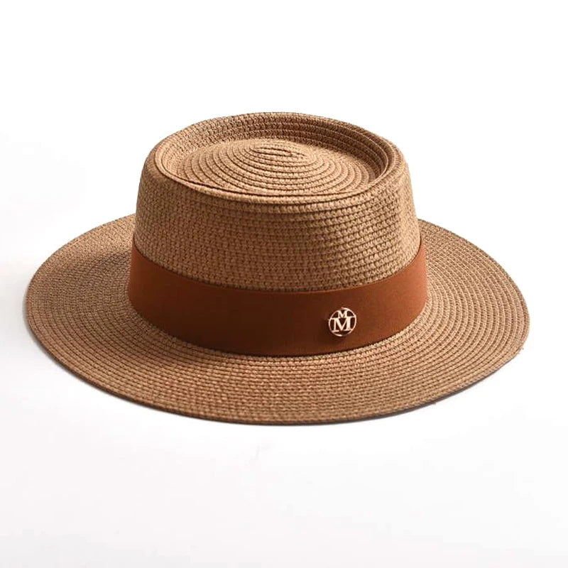 WOMEN’S STRAW SUN HAT WITH FLAT BRIM & RIBBON