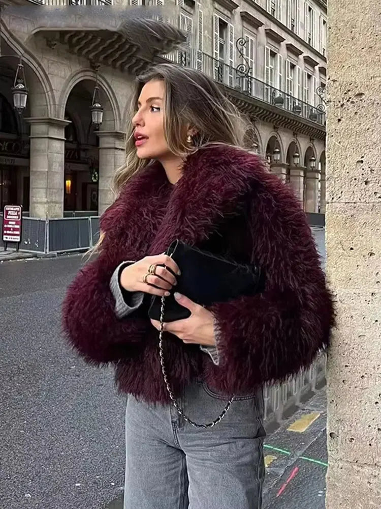 FAUX FUR COAT WITH LAPEL COLLAR