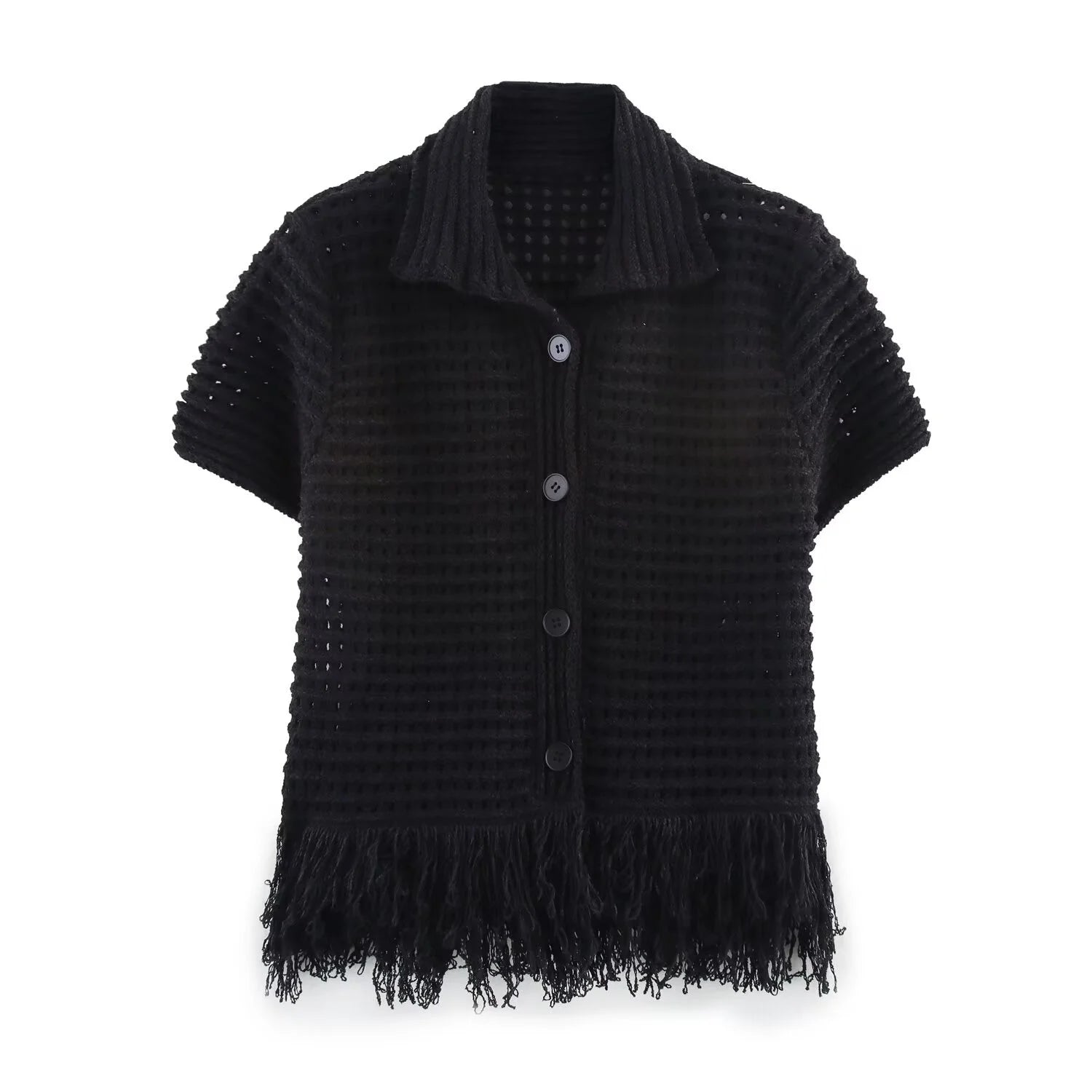 KNIT TASSEL HOLLOW-OUT SHIRT & MINI SKIRT SET