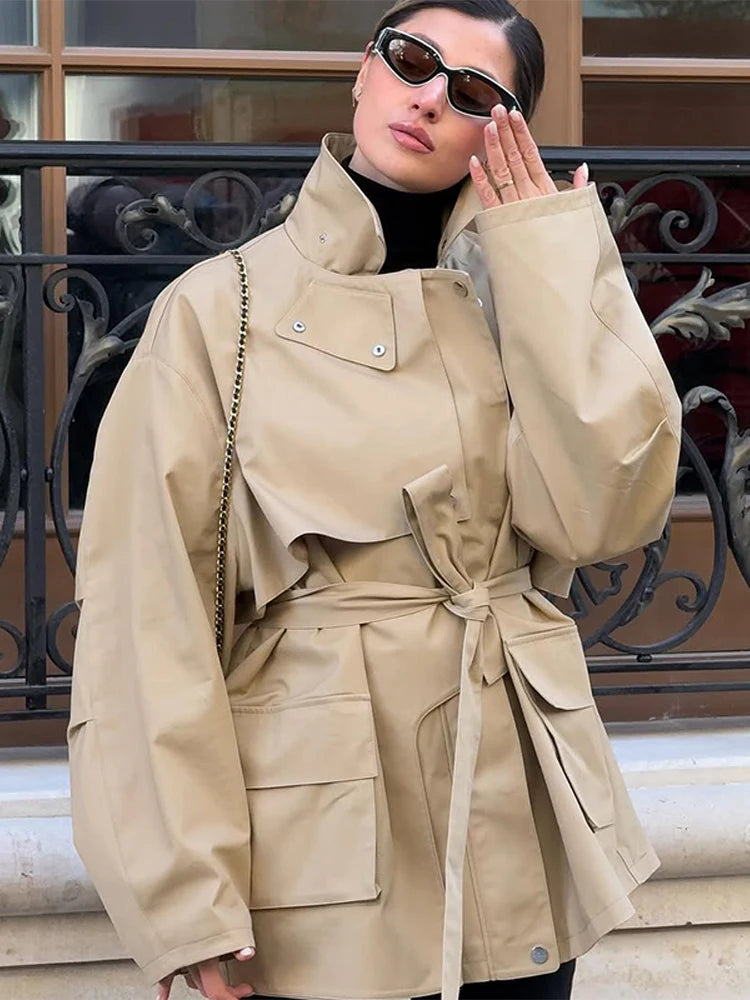 CROPPED KHAKI TRENCH COAT WITH BELT