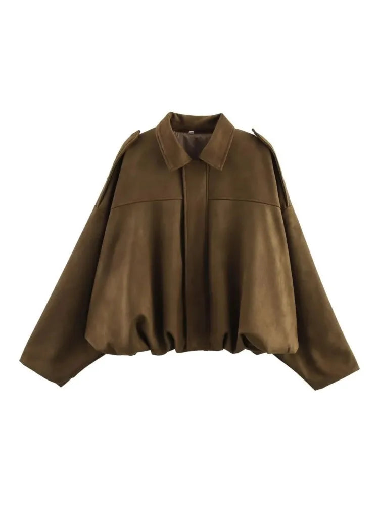 WOMEN'S FAUX SUEDE LOOSE BOMBER JACKET WITH ZIPPER