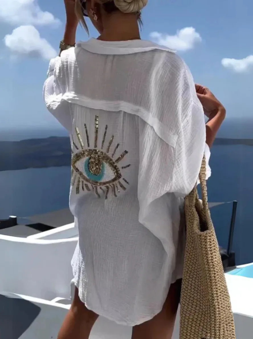 CASUAL BRIGHT SEQUIN EVIL EYE LONG BLOUSE