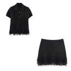 KNIT TASSEL HOLLOW-OUT SHIRT & MINI SKIRT SET SOLELII