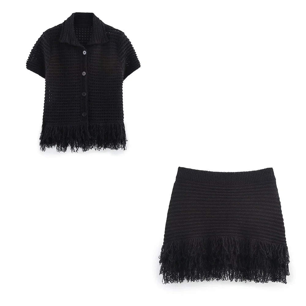 KNIT TASSEL HOLLOW-OUT SHIRT & MINI SKIRT SET