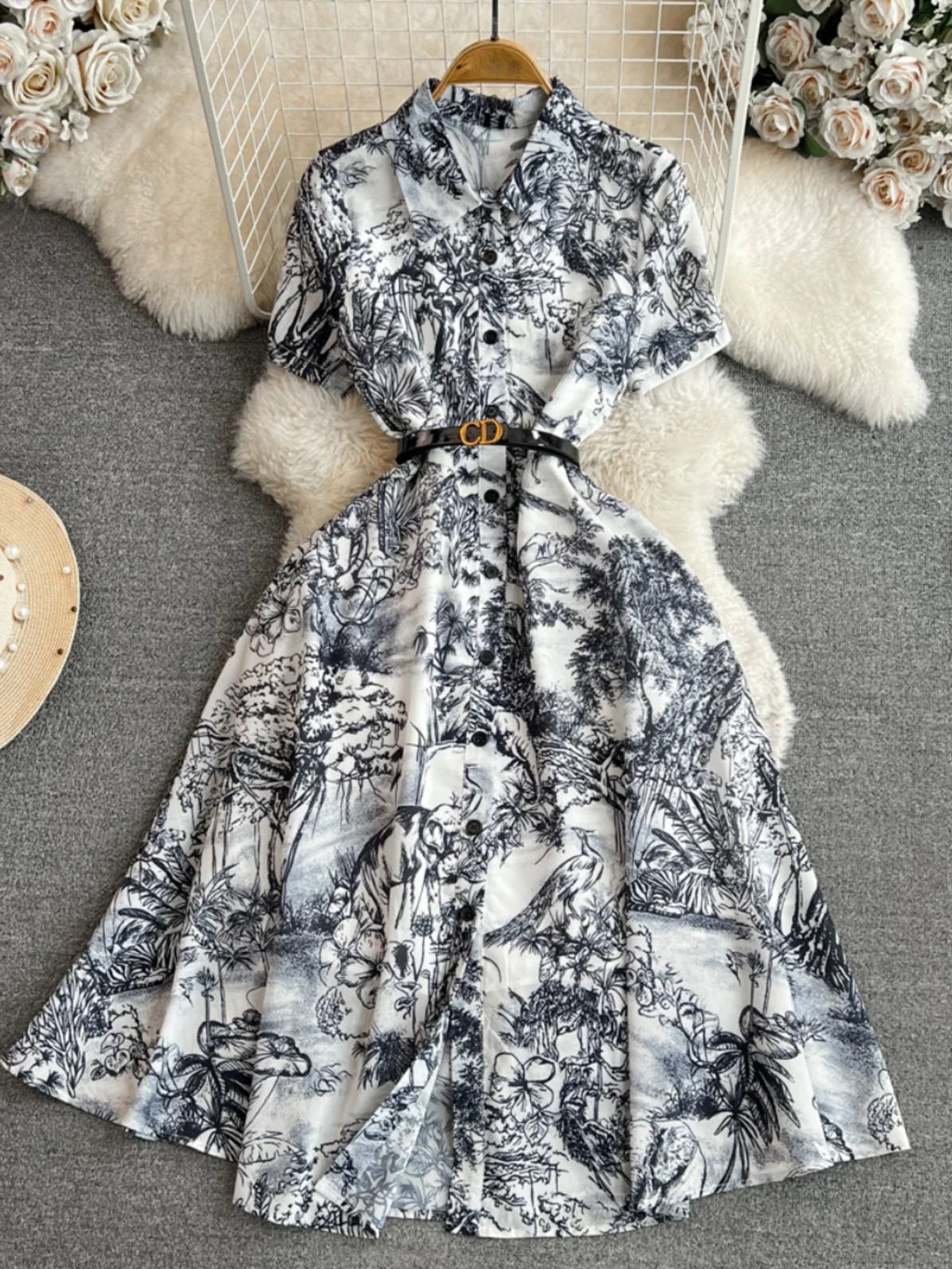INK PRINT WAISTED MIDI DRESS