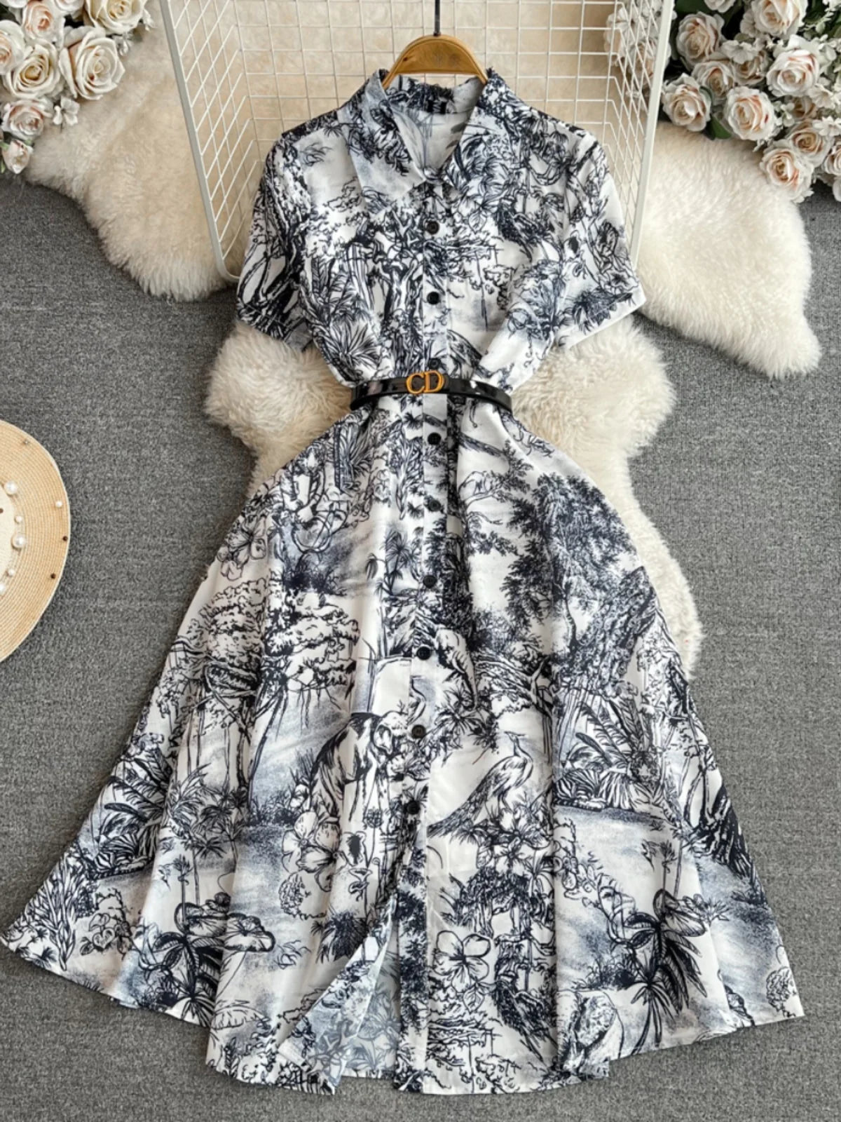 INK PRINT WAISTED MIDI DRESS