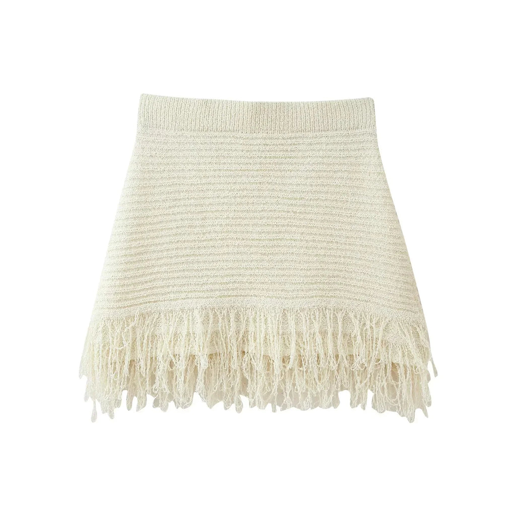 KNIT TASSEL HOLLOW-OUT SHIRT & MINI SKIRT SET
