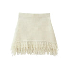 KNIT TASSEL HOLLOW-OUT SHIRT & MINI SKIRT SET SOLELII