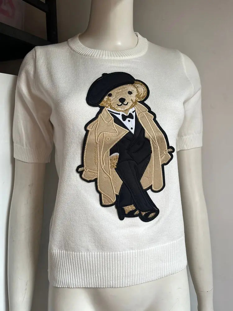 EUROPEAN STYLE LUXURY BEAR KNIT SHORT SLEEVE TOP