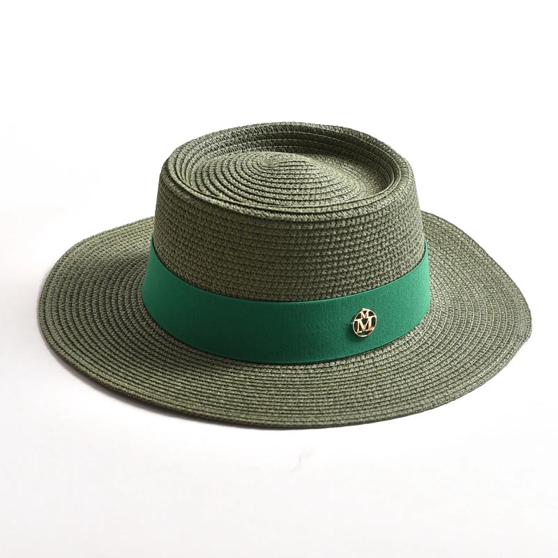 WOMEN’S STRAW SUN HAT WITH FLAT BRIM & RIBBON
