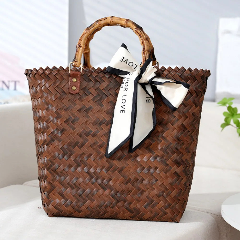 WOVEN BAMBOO-HANDLE CROCHET TOTE