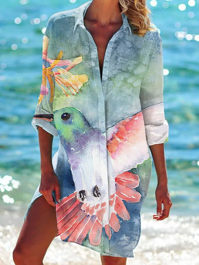 OCEAN PRINT LONG SLEEVE BLOUSE