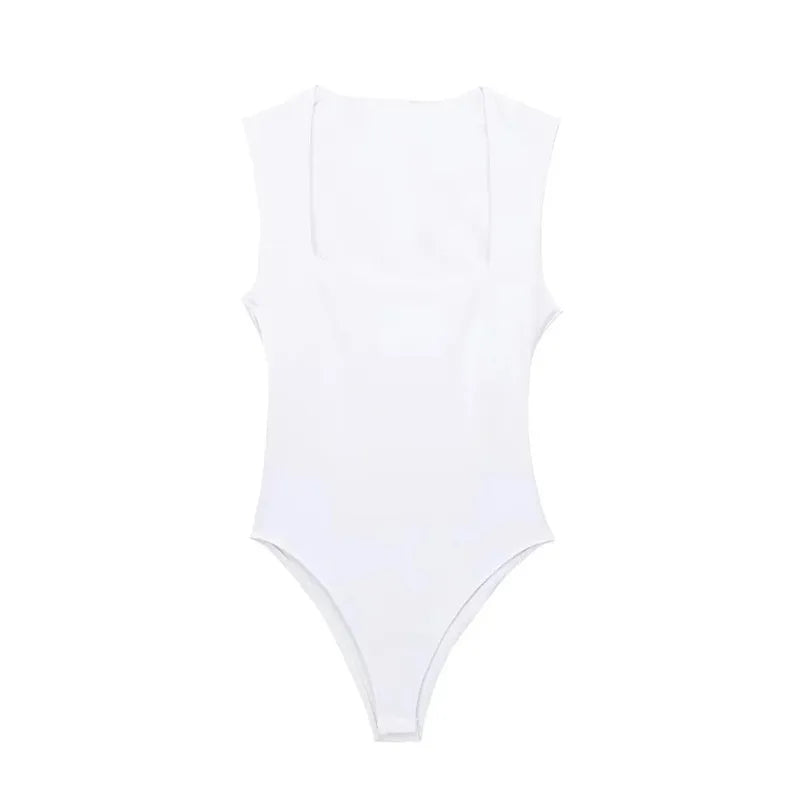 BLACK SLEEVELESS BODYSUIT WITH SQUARE NECKLINE  WIDE STRAPS BODYCON