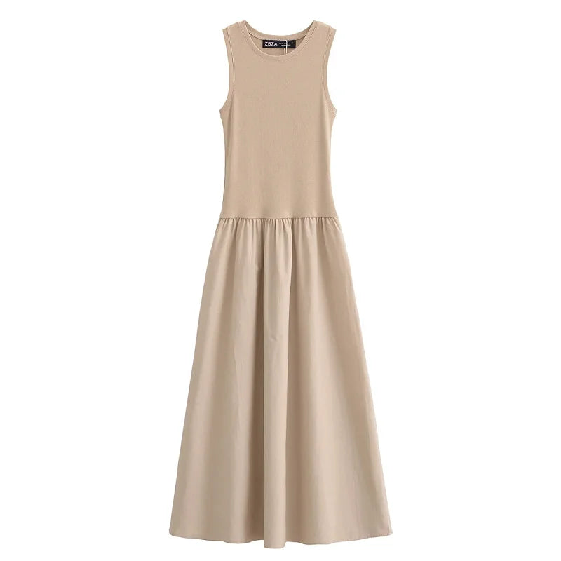 KHAKI PATCHWORK SLEEVELESS MAXI DRESS