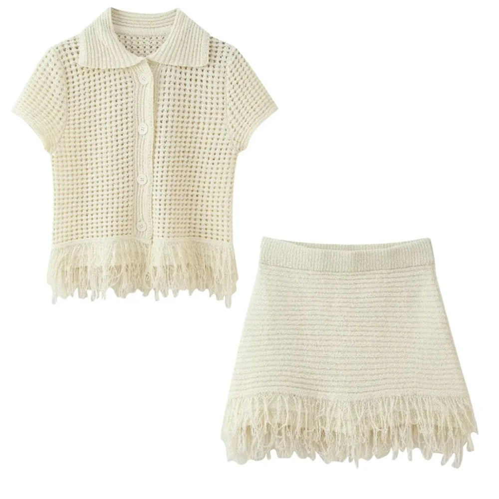 KNIT TASSEL HOLLOW-OUT SHIRT & MINI SKIRT SET