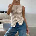 WOMEN'S STRIPED BUTTON DOWN SLEEVELESS CARDIGAN SOLELII