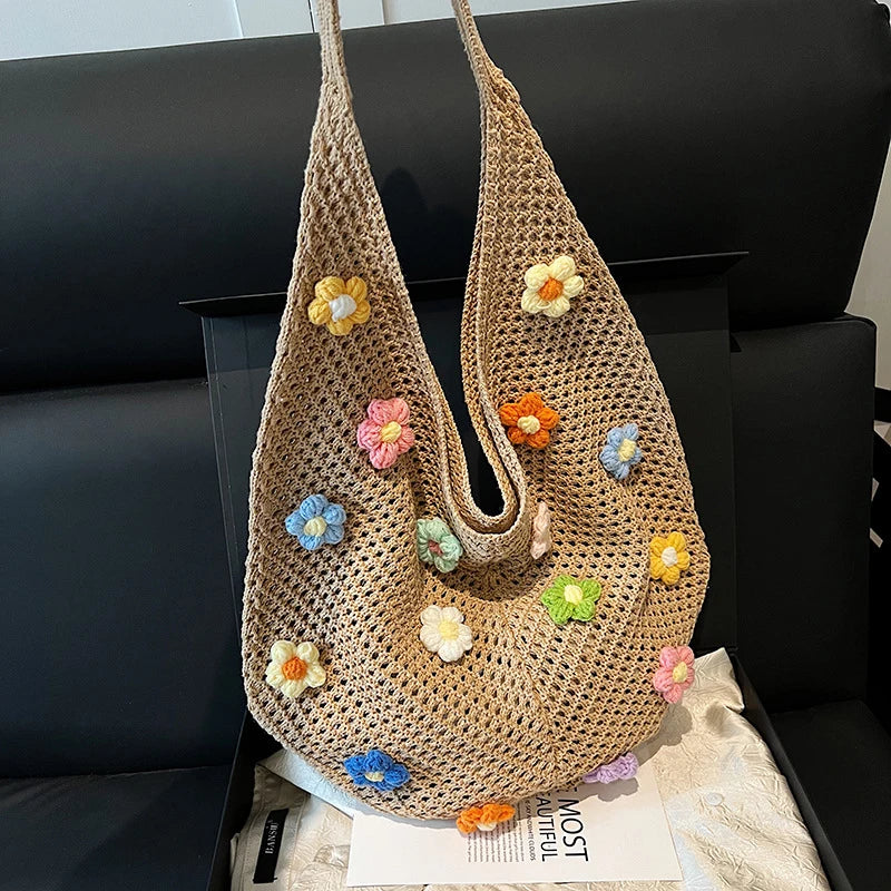 BOHEMIAN KNIT STRAW ZIPPER TOTE