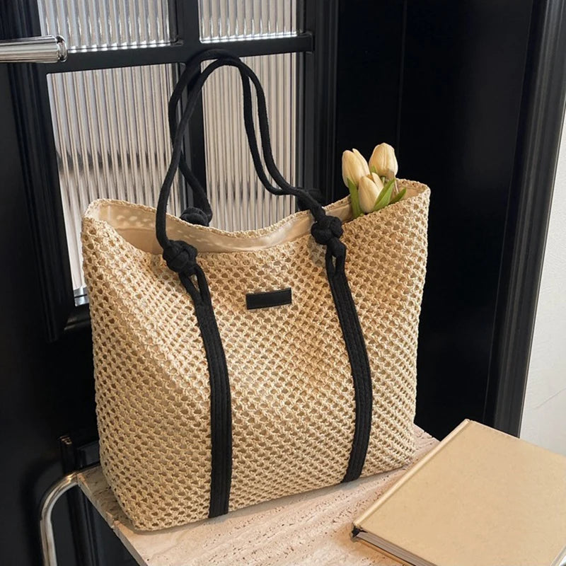 SUMMER STRAW BAG WITH SHOULDER STRAP AND LARGE CAPACITY