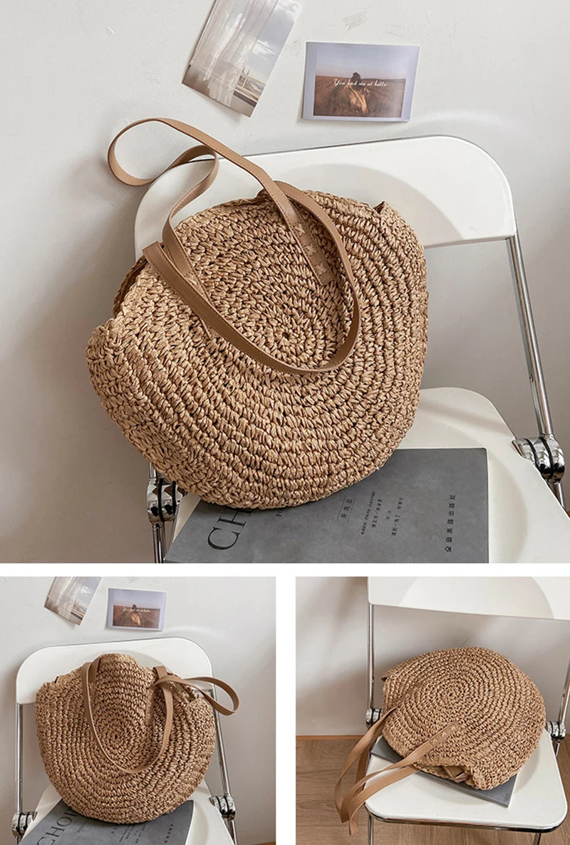 ROUND WOVEN STRAW SHOULDER BAG