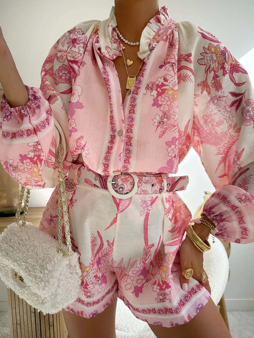 CASUAL SET FLORAL SHIRT WITH BELT