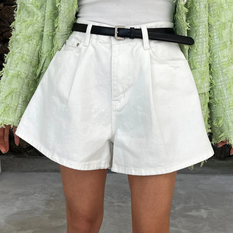 REALEFT SHORTS JEANS A-LINE WHITE