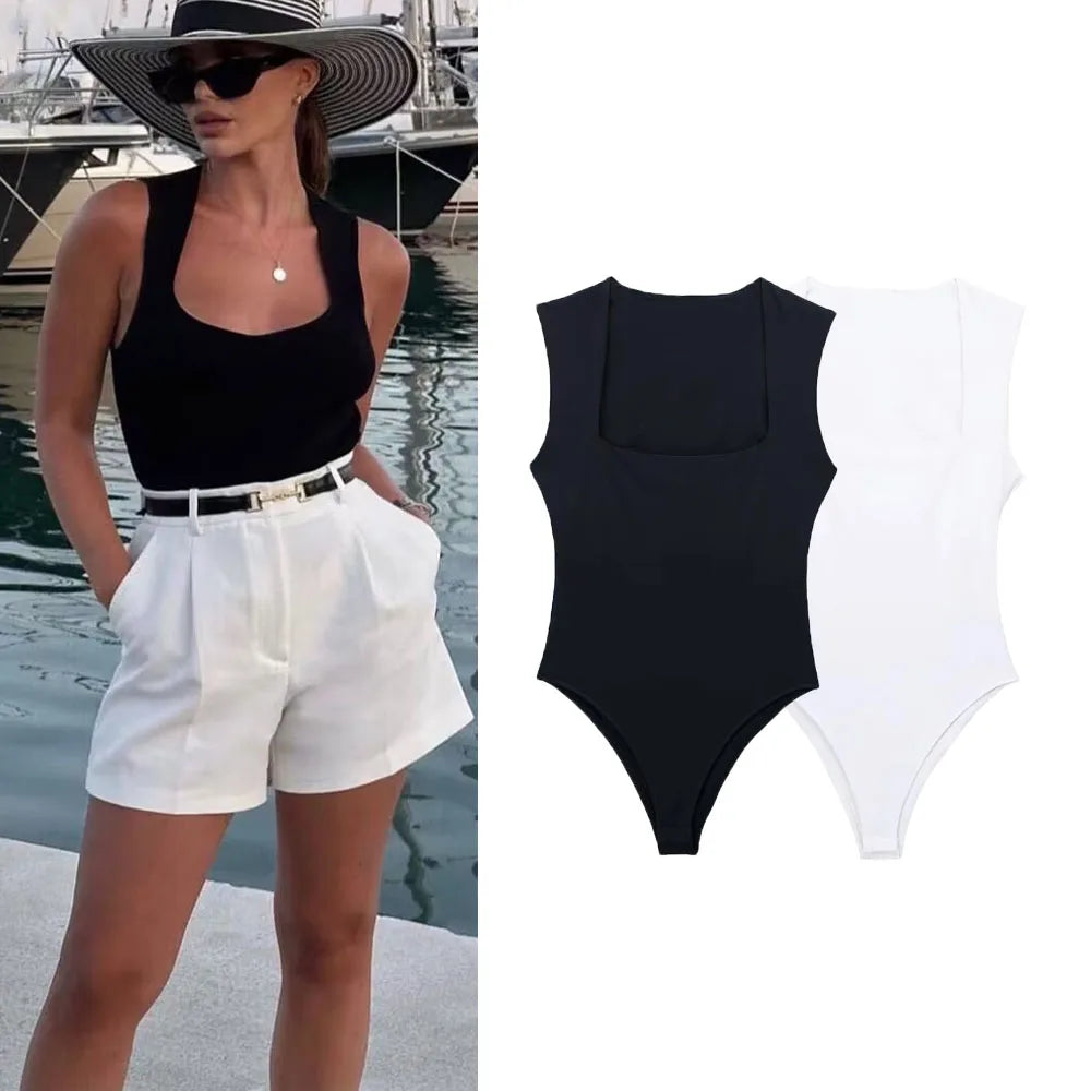 BLACK SLEEVELESS BODYSUIT WITH SQUARE NECKLINE  WIDE STRAPS BODYCON