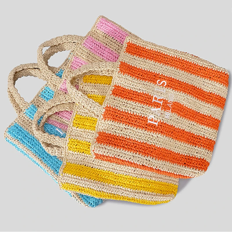 STRIPED STRAW WOVEN TOTE BAG