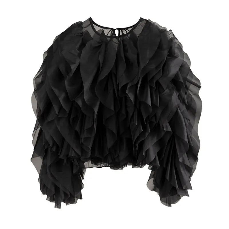 BLOUSE EN MOUSSELINE À VOLANTS AVEC MANCHES LANTERNE
