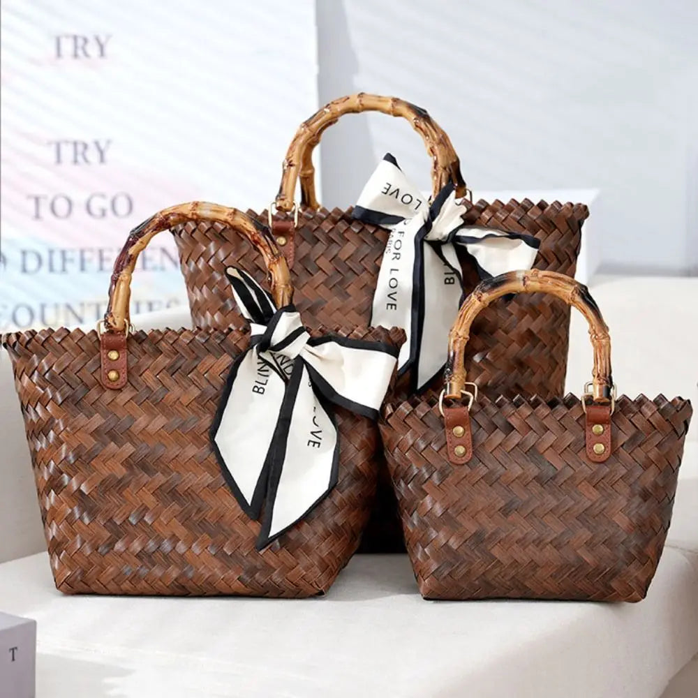 WOVEN BAMBOO-HANDLE CROCHET TOTE