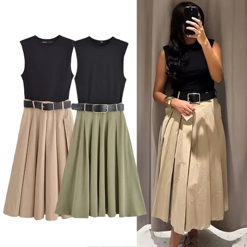 PATCHWORK PLEATED SLEEVELESS MIDI DRESS WITH BELT