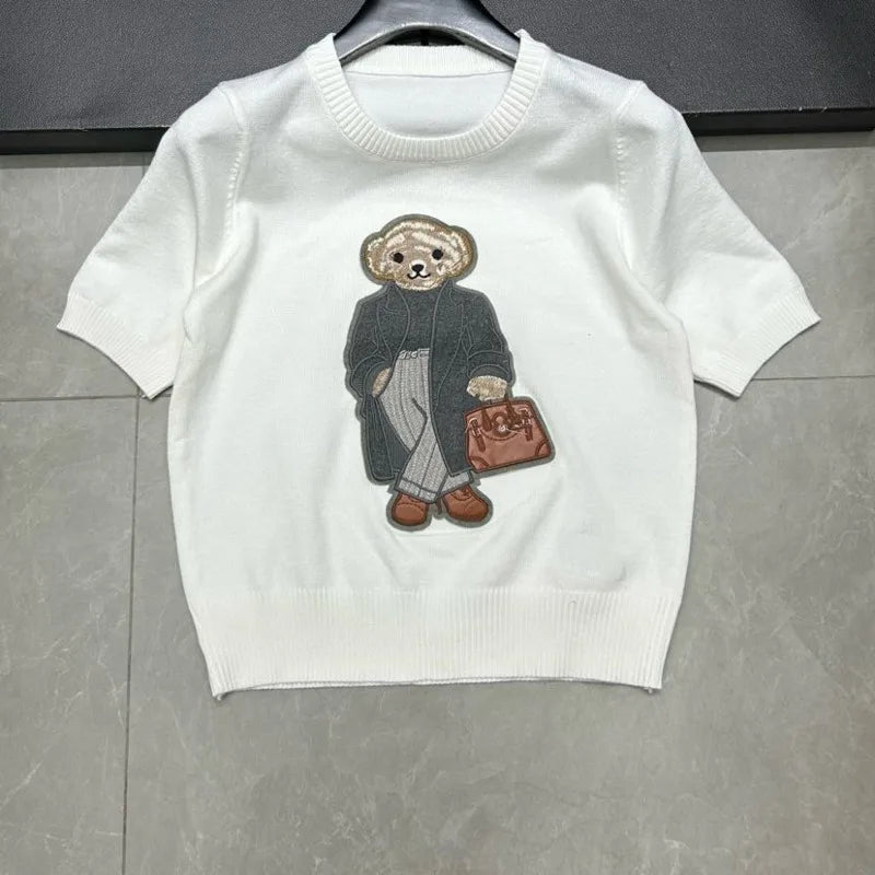 EUROPEAN STYLE LUXURY BEAR KNIT SHORT SLEEVE TOP