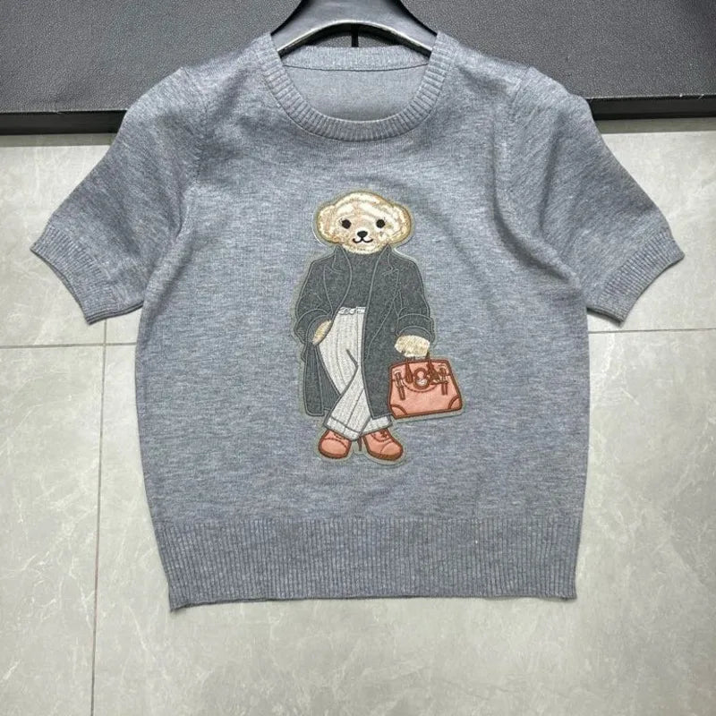 EUROPEAN STYLE LUXURY BEAR KNIT SHORT SLEEVE TOP