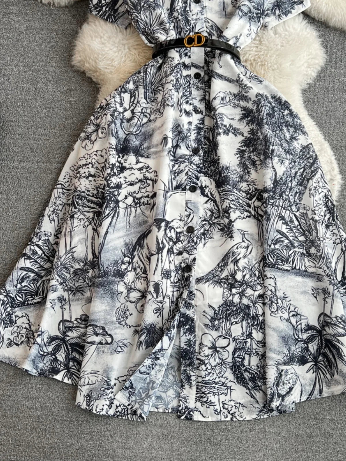 INK PRINT WAISTED MIDI DRESS