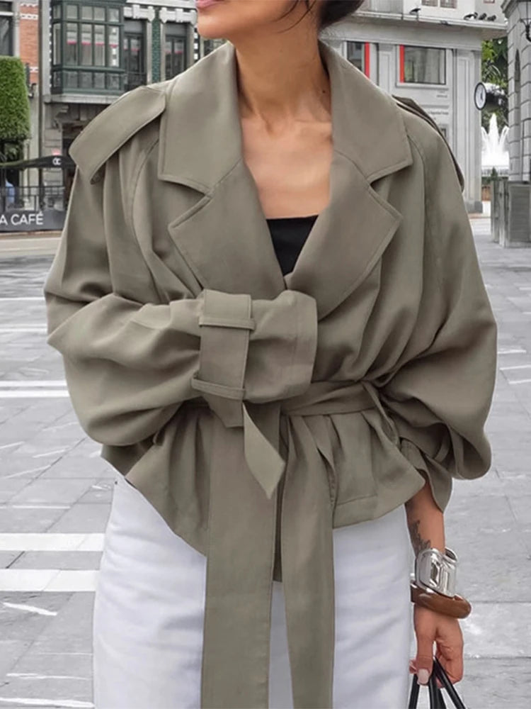 CROPPED KHAKI TRENCH COAT WITH BELT