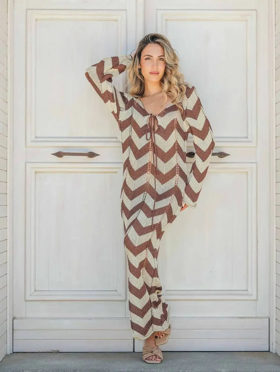 WOMEN'S STRIPED KNIT MAXI DRESS LACE-UP
