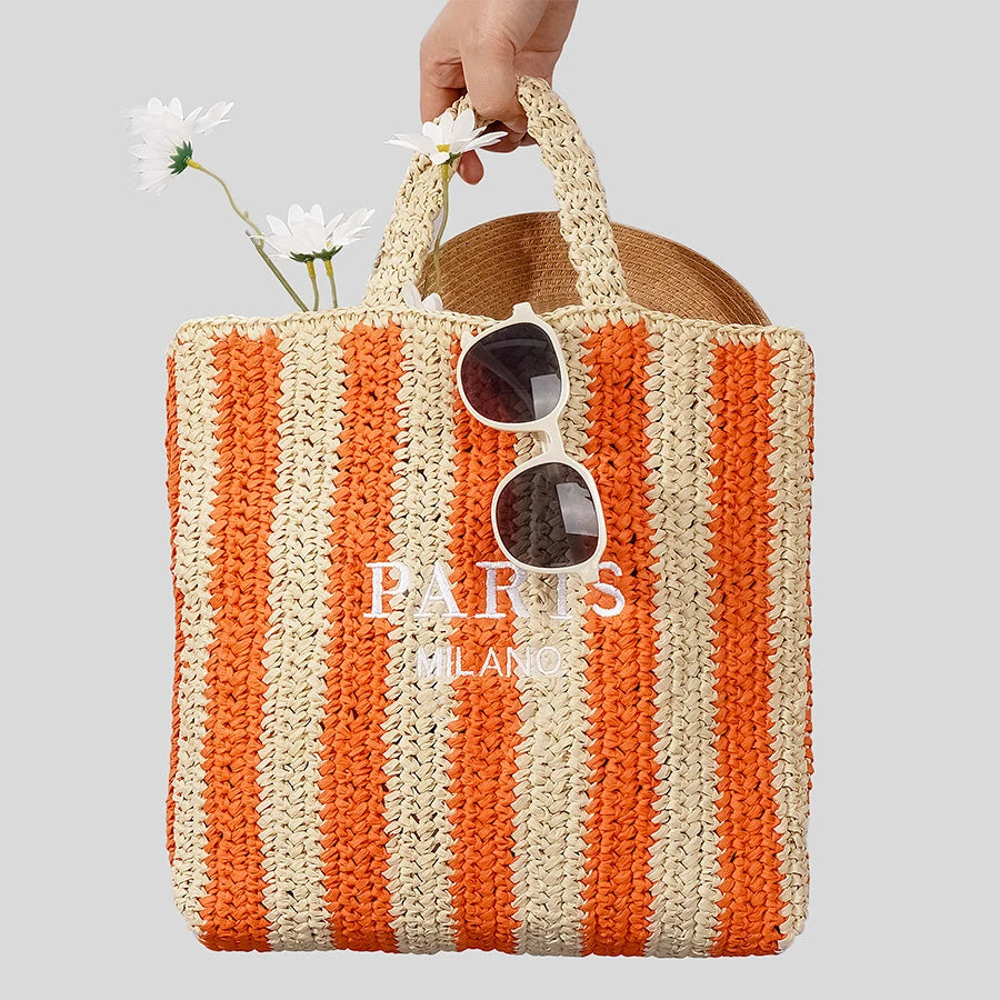 STRIPED STRAW WOVEN TOTE BAG