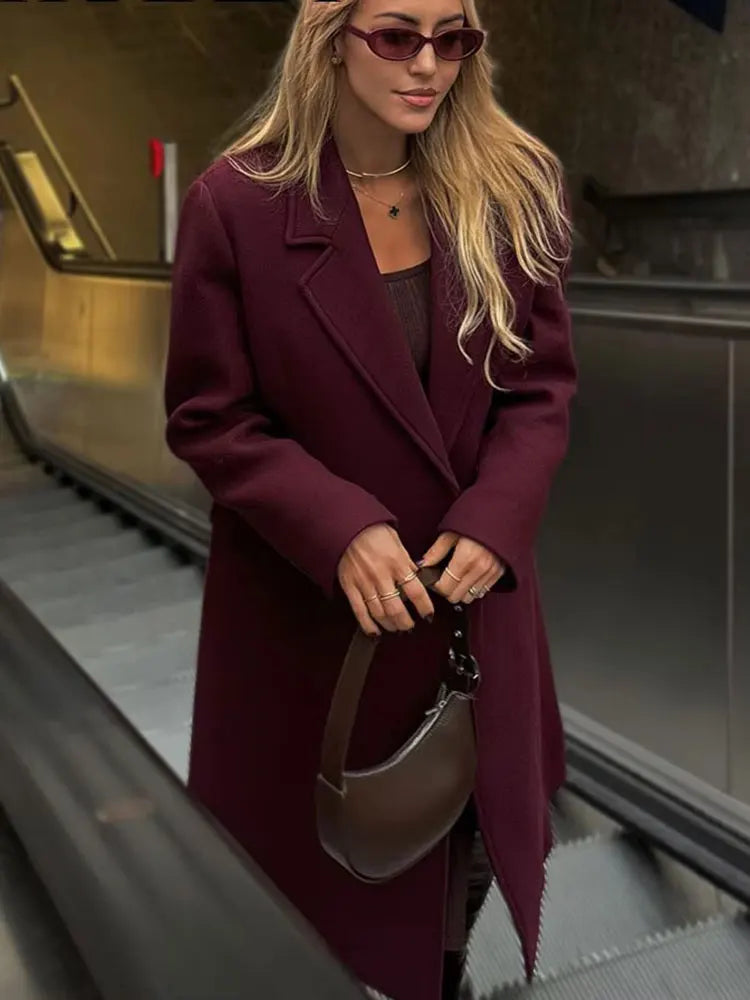 LONG BURGUNDY DOUBLE-BREASTED WOOL COAT