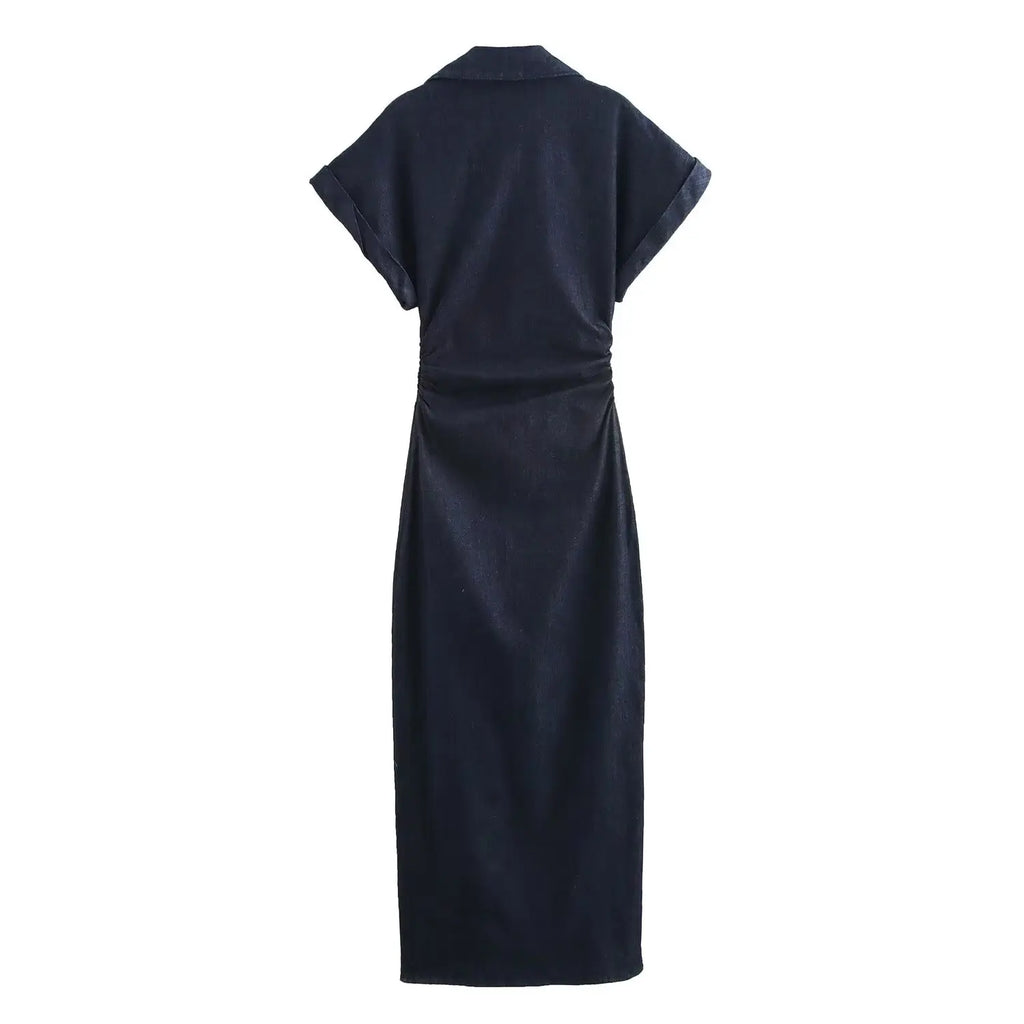 DENIM MIDI DRESS WITH LAPEL AND SIDE ZIPPER