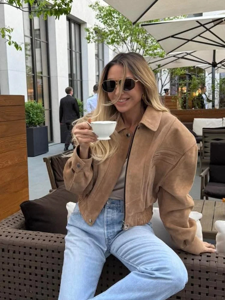 CROPPED SUEDE JACKET WITH ZIPPER