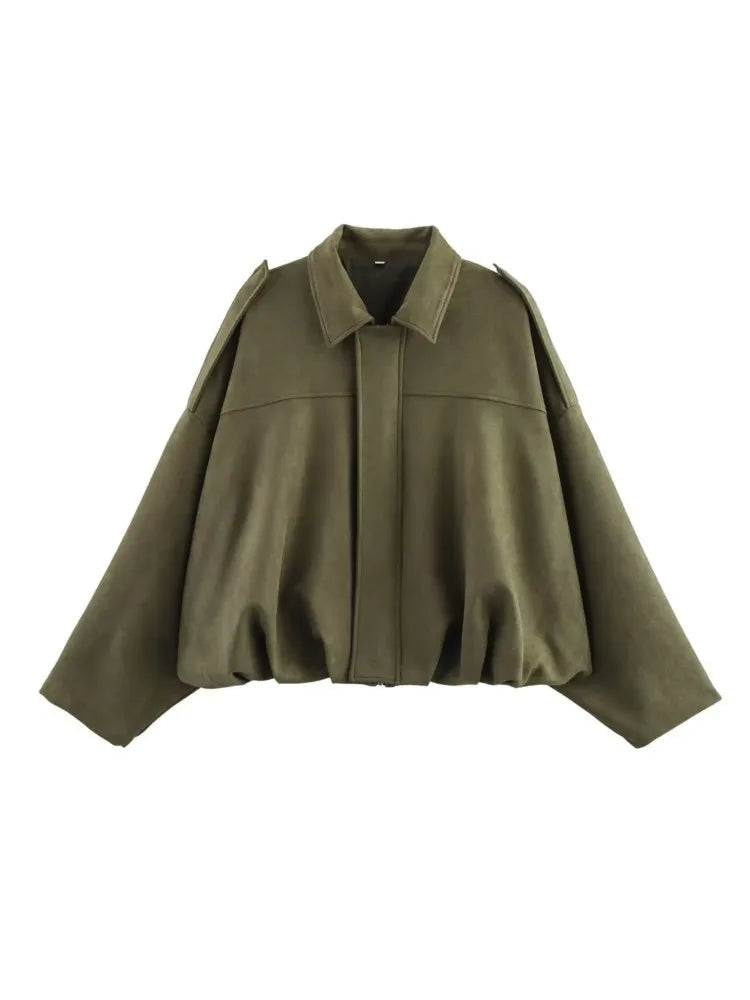 WOMEN'S FAUX SUEDE LOOSE BOMBER JACKET WITH ZIPPER