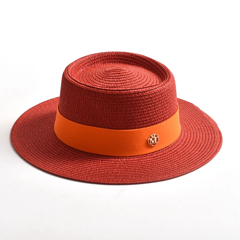 WOMEN’S STRAW SUN HAT WITH FLAT BRIM & RIBBON