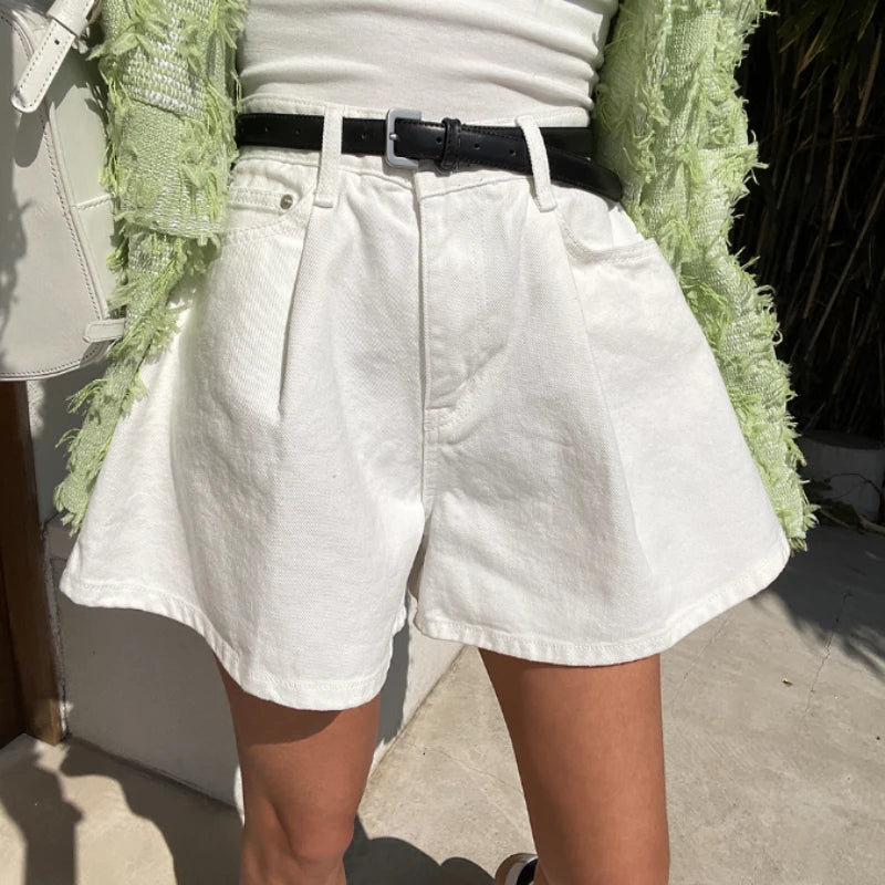 REALEFT SHORTS JEANS A-LINE WHITE